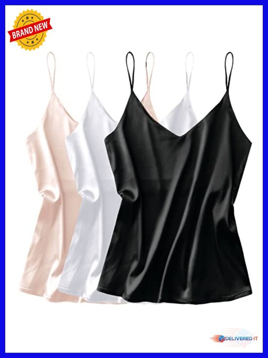 Tops - 3 Pack Womens Silk Satin Tank Top V Neck Camisole Cami Spaghetti Strap Loose